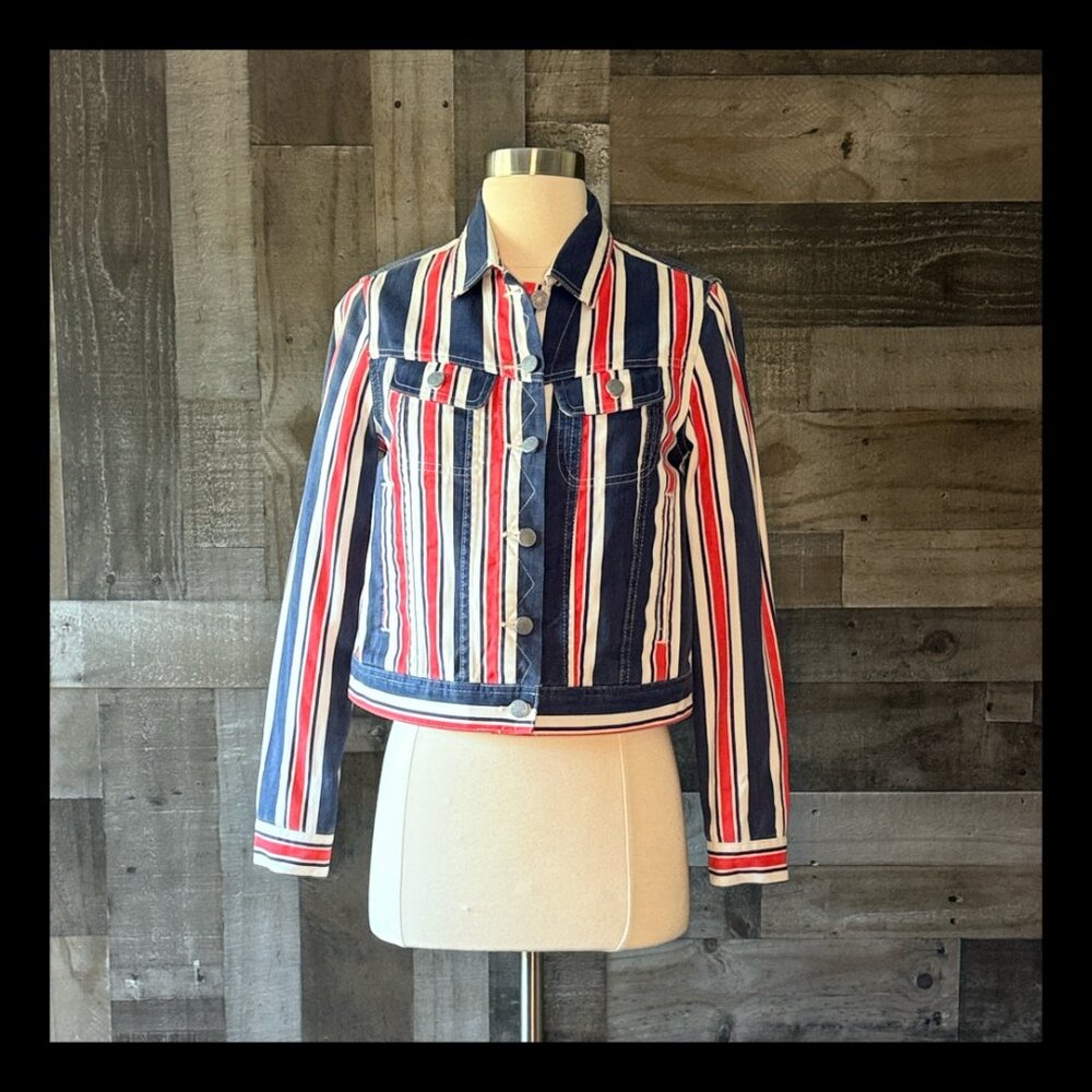 Urban Outfitters BDG jean jacket small red white and blue denim stripes preppy
